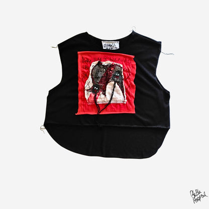 Face No.001 | Un-knitted Yarn thingamajig – Oversized Black Sleeveless Top