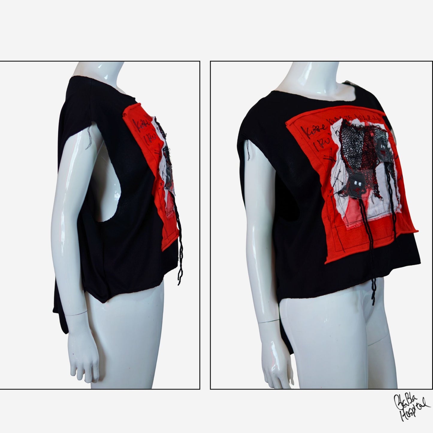 Face No.001 | Un-knitted Yarn thingamajig – Oversized Black Sleeveless Top