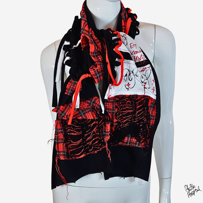Face No.003 | Fabric Art  Red Tartan Design – Black Scarf