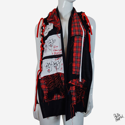 Face No.003 | Fabric Art  Red Tartan Design – Black Scarf