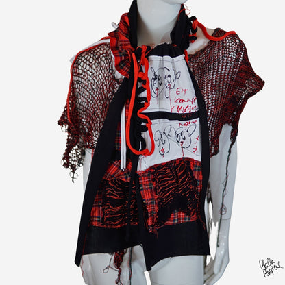 Face No.003 | Fabric Art  Red Tartan Design – Black Scarf