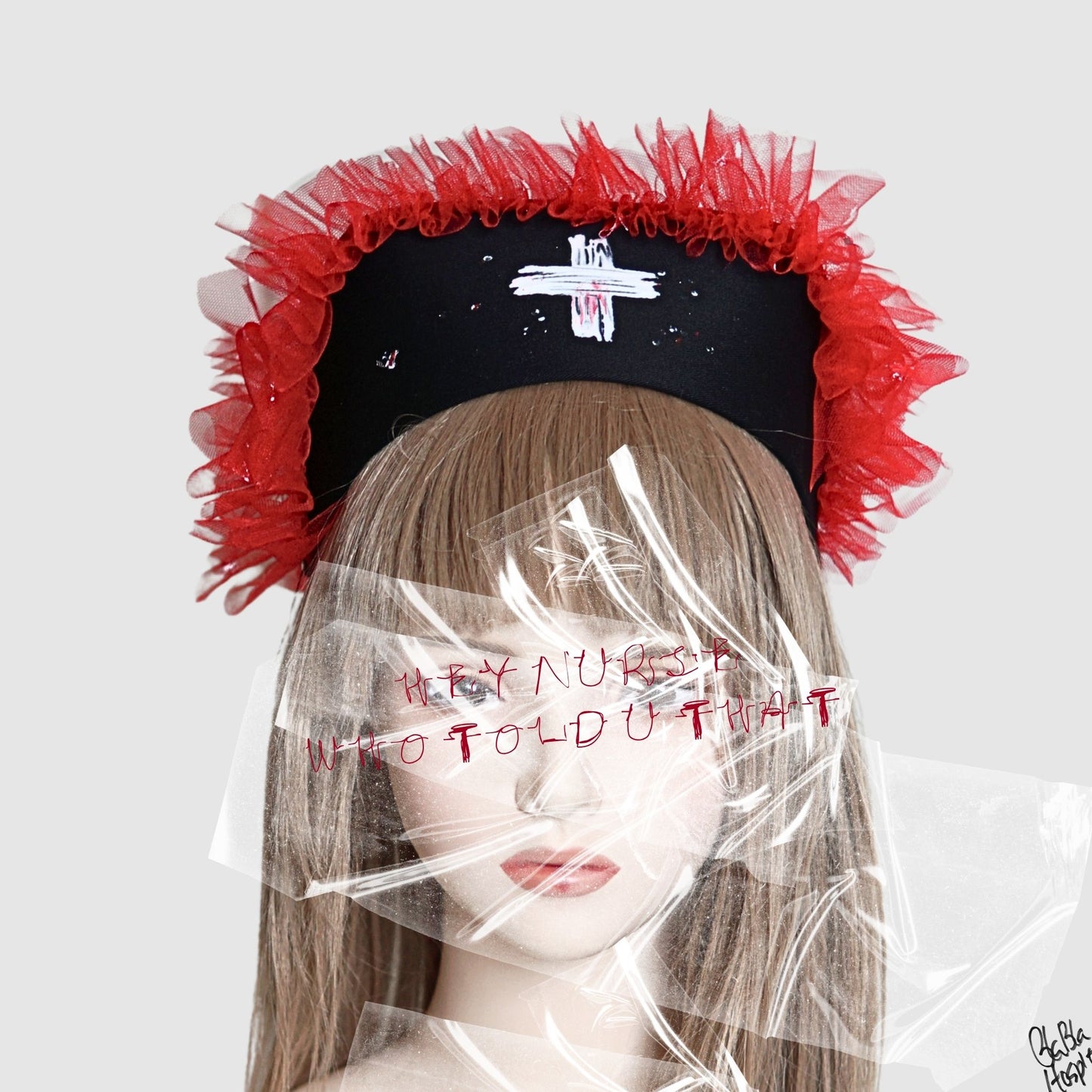 Red tulle frill – Black Nurse Cap