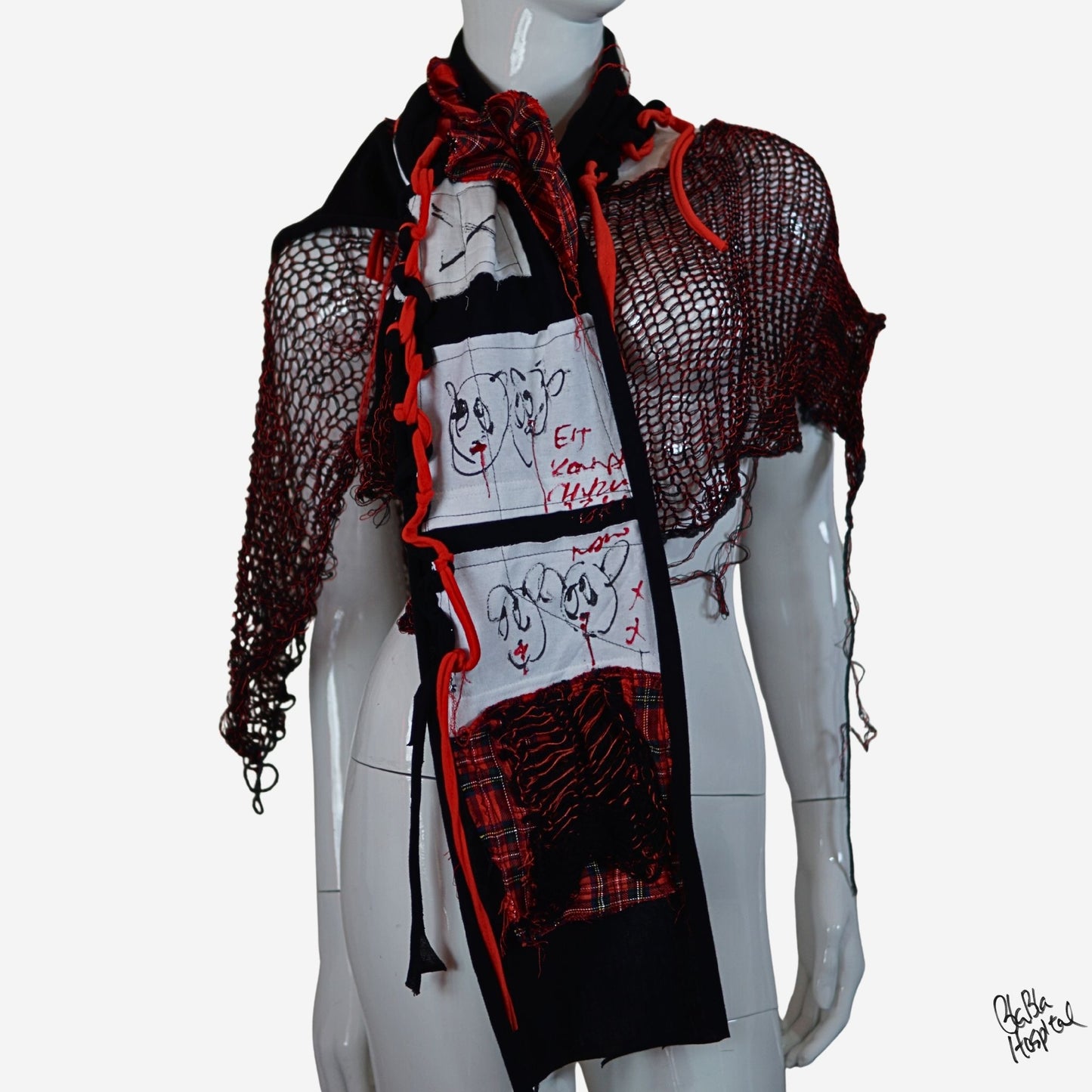 Face No.003 | Fabric Art  Red Tartan Design – Black Scarf