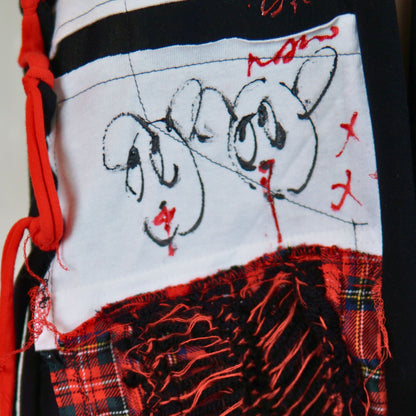 Face No.003 | Fabric Art  Red Tartan Design – Black Scarf